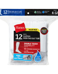 Hanes Double Tough Men's Over-the-Calf Tube Socks, Shoe Sizes 6-12, 12-Pairs
