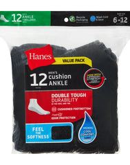 Hanes Double Tough Men's Ankle Socks, Shoe Sizes 6-12, 12-Pairs