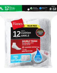 Hanes Double Tough Men's Ankle Socks, Shoe Sizes 6-12, 12-Pairs