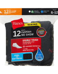 Hanes Double Tough Men's No-Show Socks, Shoe Sizes 6-12, 12-Pairs