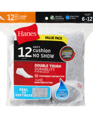 Hanes Double Tough Men's No-Show Socks, Shoe Sizes 6-12, 12-Pairs