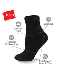 Hanes Women's Athletic Ankle Socks, Full Sole Cushion, Extended Sizes, 10-Pairs