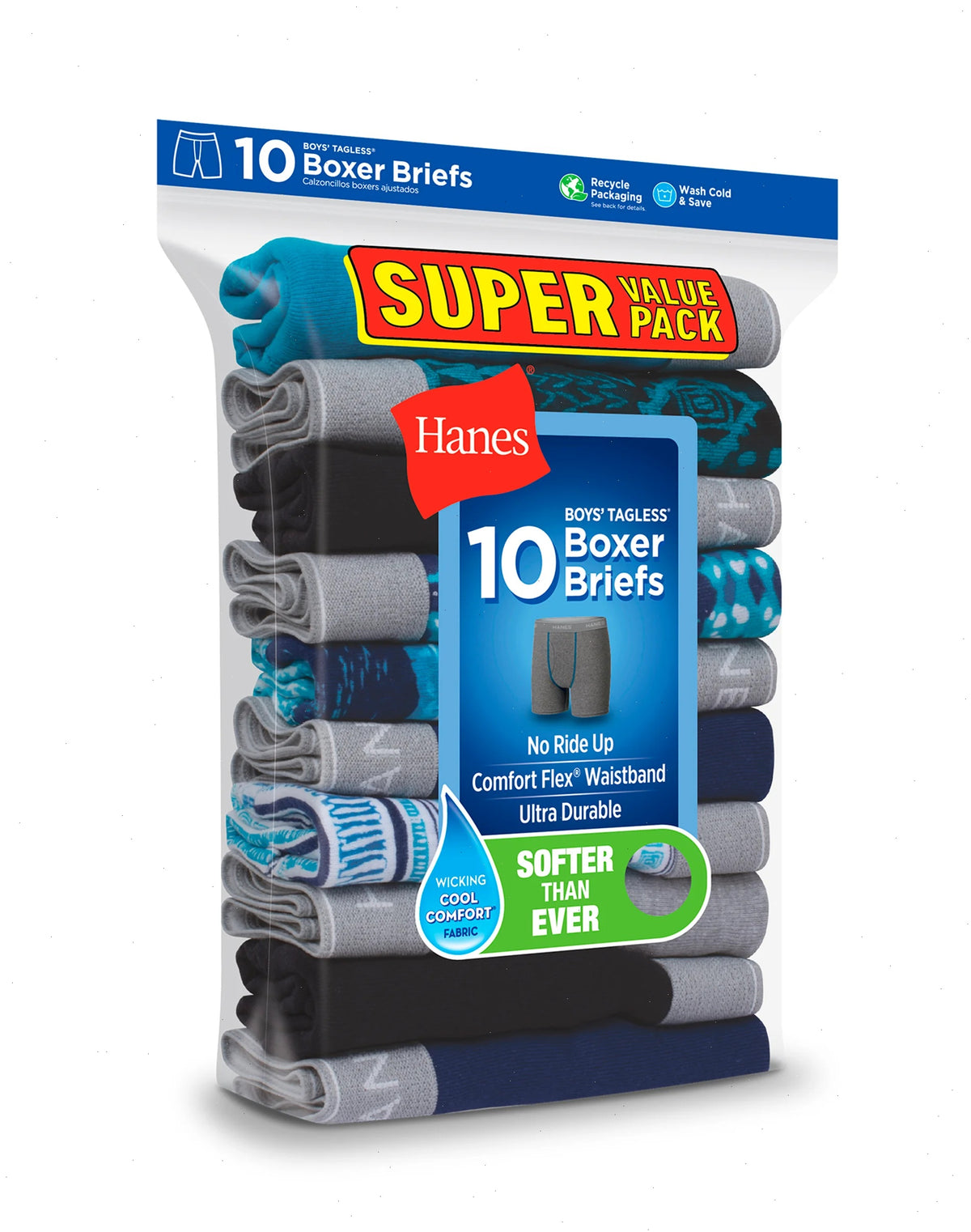 Hanes Comfort Flex Boys' Boxer Brief Super Value Pack, Prints/Solids, 10-Pack