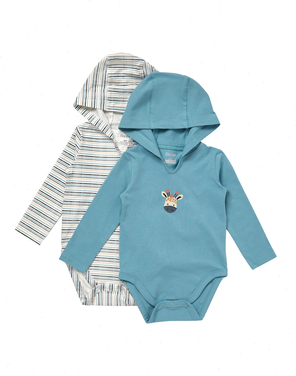 Hanes Pure Comfort Baby Long Sleeve Hooded Bodysuits, Organic Cotton, Boys &amp; Girls, 2-Pack