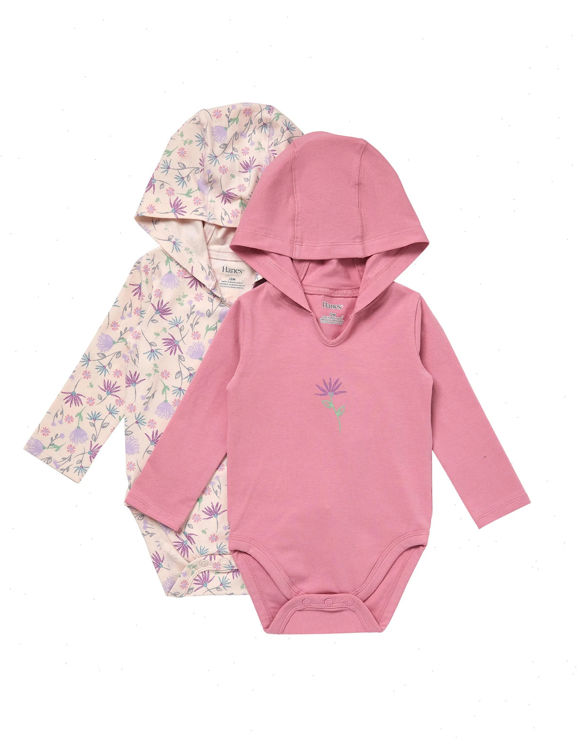 Hanes Pure Comfort Baby Long Sleeve Hooded Bodysuits, Organic Cotton, Boys &amp; Girls, 2-Pack