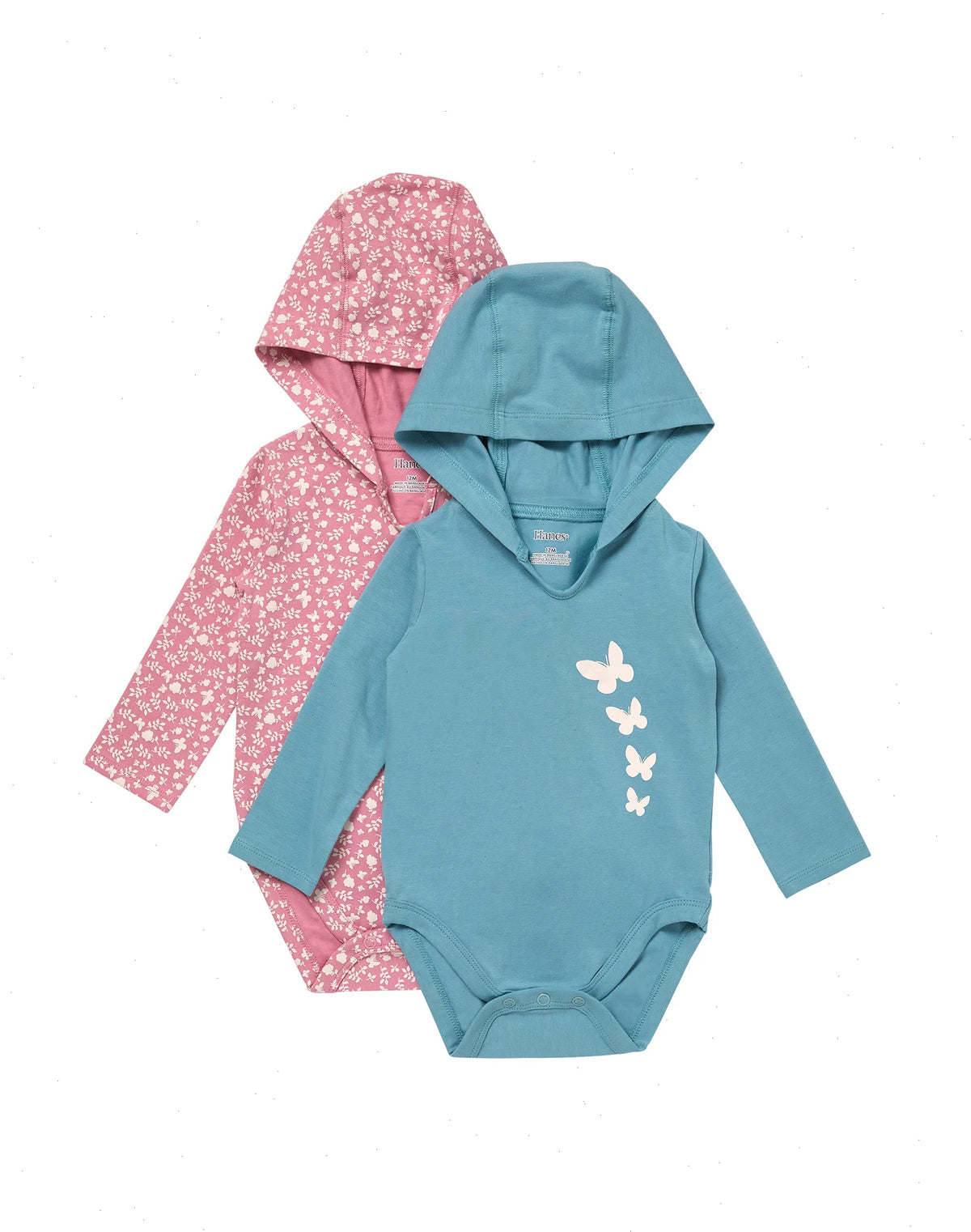 Hanes Pure Comfort Baby Long Sleeve Hooded Bodysuits, Organic Cotton, Boys &amp; Girls, 2-Pack