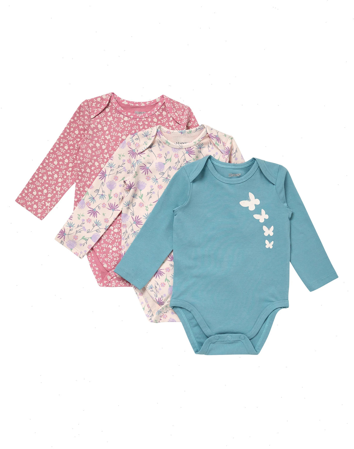 Hanes Pure Comfort Baby Long Sleeve Bodysuits, Organic Cotton, Boys &amp; Girls, 3-Pack