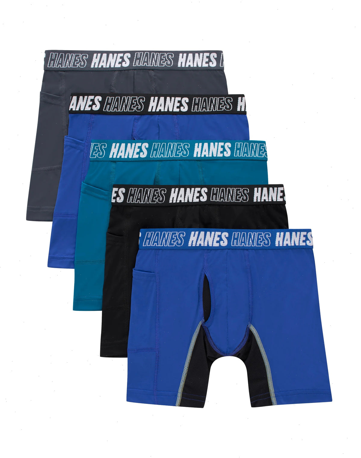 Hanes Moves Boys' Anti-Chafe Long Leg Boxer Brief Underwear, Black/Grey/Blue/Ocean, 5-Pack