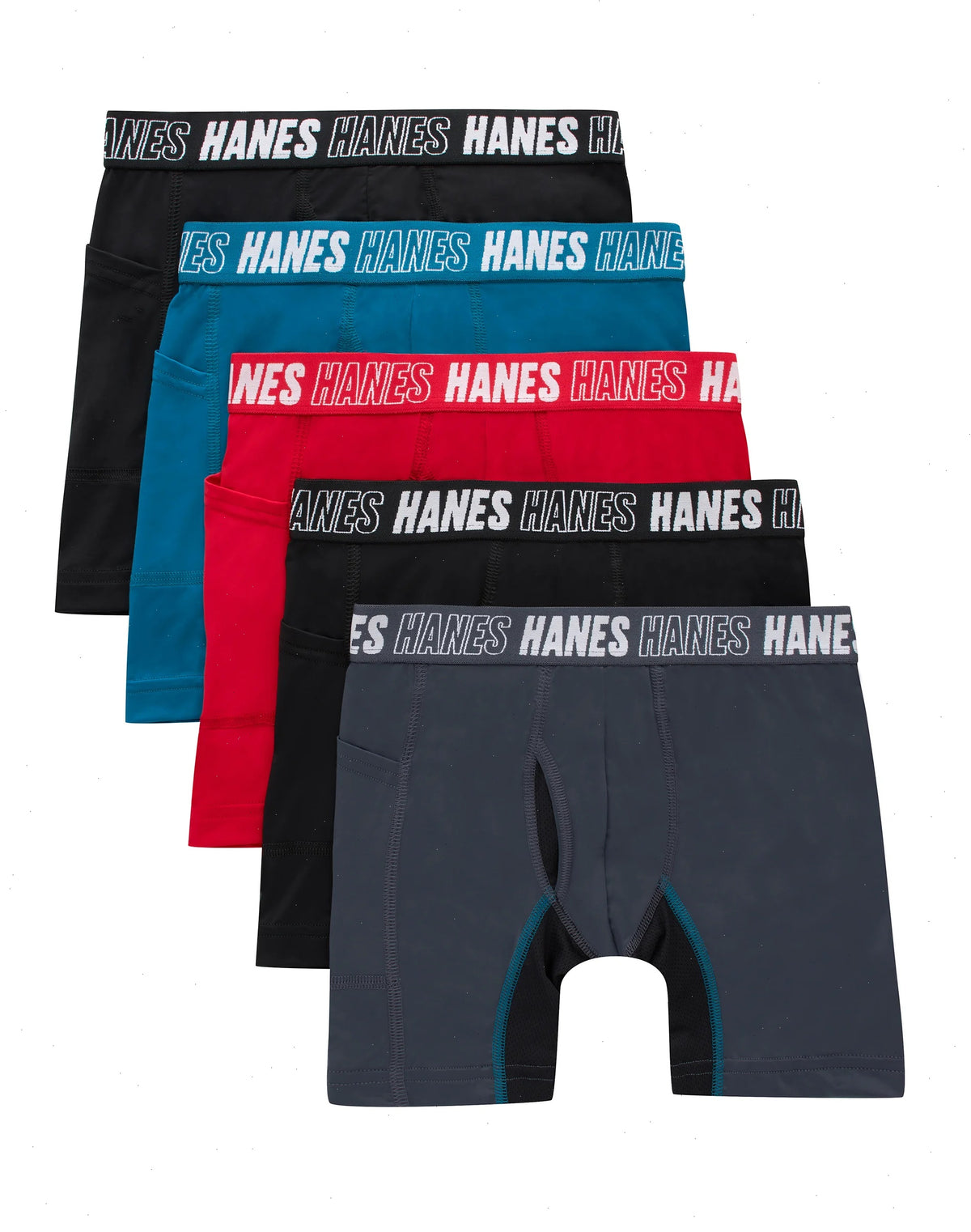 Hanes Moves Boys' Anti-Chafe Long Leg Boxer Brief Underwear, Black/Grey/Red/Ocean, 5-Pack