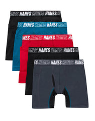 Hanes Moves Boys' Anti-Chafe Long Leg Boxer Brief Underwear, Black/Grey/Red/Ocean, 5-Pack