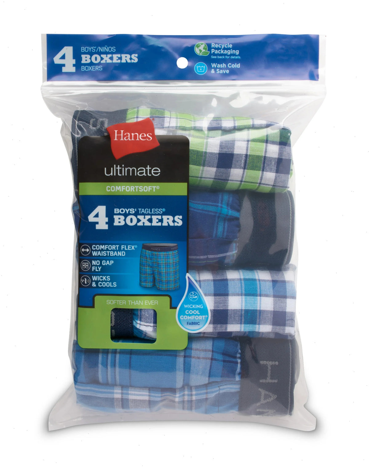 Hanes Ultimate ComfortSoft Boys' Woven Boxer Underwear, Assorted Plaid, 4-Pack