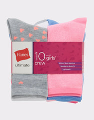 Hanes Ultimate Girls' Crew Socks, Fashion Assortment, 10-Pairs