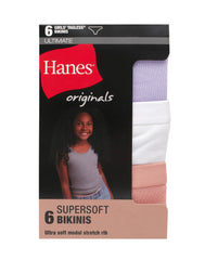 Hanes Originals SuperSoft Girls Underwear Bikinis, 6-Pack, Moisture-Wicking