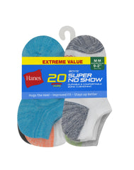 Hanes Boys' Super No Show Socks, Super Value Pack, 20-Pairs
