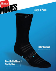 Hanes Moves Breathable Mesh Men&rsquo;s Mid-Crew Socks, Shoe Sizes 6-12, 6-Pairs