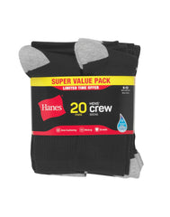 Hanes Men&rsquo;s Cushioned Crew Socks Pack, 20 Pairs, Lightweight, Moisture Wicking