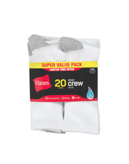 Hanes Men&rsquo;s Cushioned Crew Socks Pack, 20 Pairs, Lightweight, Moisture Wicking