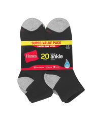 Hanes Men&rsquo;s Cushioned Ankle Socks Pack, 20 Pairs, Moisture Wicking