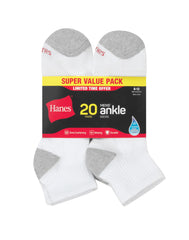 Hanes Men&rsquo;s Cushioned Ankle Socks Pack, 20 Pairs, Moisture Wicking