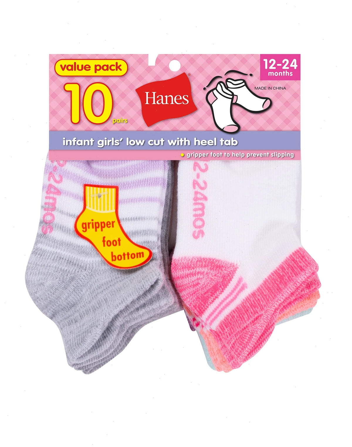 Hanes Infant/Toddler Girls' Heel Shield Socks, Gripper Foot Bottom, 10-Pairs