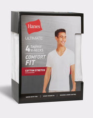 Hanes Ultimate Comfort Fit Men's V-Neck Undershirt, White, 4-Pack