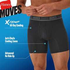 Hanes Moves Ultimate Men&rsquo;s Anti-Chafe Boxer Brief Underwear, X-Temp, Black/Grey/Ocean Blue, 4-Pack, 6"