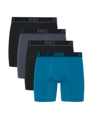 Hanes Moves Ultimate Men&rsquo;s Anti-Chafe Boxer Brief Underwear, X-Temp, Black/Grey/Ocean Blue, 4-Pack, 6"