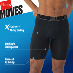 Hanes Moves Ultimate Men&rsquo;s Anti-Chafe Long Leg Boxer Brief Underwear, X-Temp, 4-Pack, Black, 8"