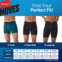 Hanes Moves Ultimate Men&rsquo;s Anti-Chafe Long Leg Boxer Brief Underwear, X-Temp, 4-Pack, Black, 8"