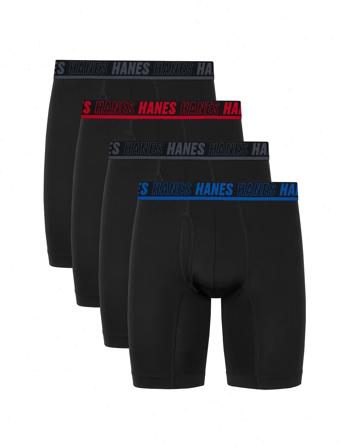 Hanes Moves Ultimate Men&rsquo;s Anti-Chafe Long Leg Boxer Brief Underwear, X-Temp, 4-Pack, Black, 8"