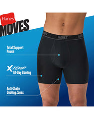 Hanes Moves Ultimate Men's Anti-Chafe  Boxer Brief Underwear, Total Support Pouch, X-Temp, Black, 4-Pack, 6"