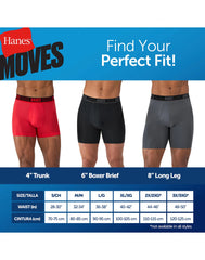 Hanes Moves Ultimate Men's Anti-Chafe Boxer Brief Underwear, Total Support Pouch, X-Temp, Black/Grey/Blue, 4-Pack, 6"