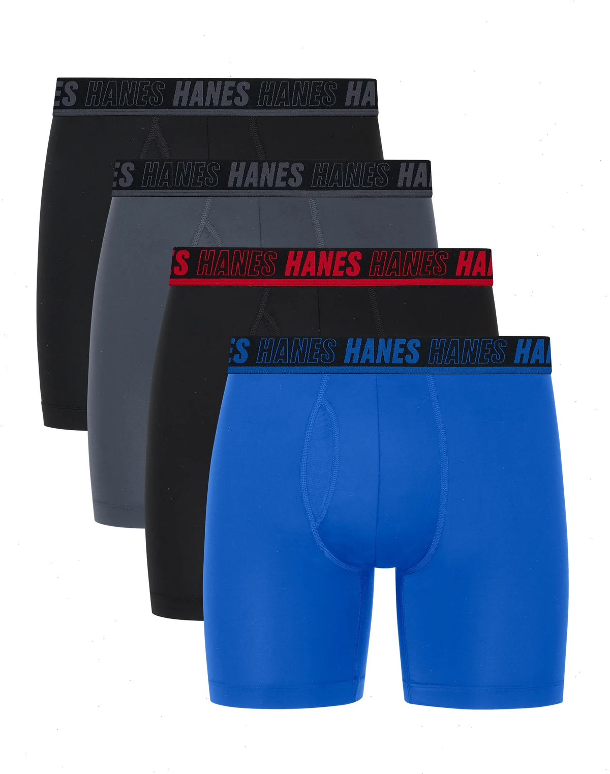 Hanes Moves Ultimate Men's Anti-Chafe Boxer Brief Underwear, Total Support Pouch, X-Temp, Black/Grey/Blue, 4-Pack, 6"