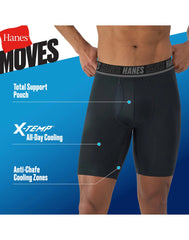 Hanes Moves Ultimate Men&rsquo;s Anti-Chafe Long Leg Boxer Brief Underwear, Total Support Pouch, X-Temp, 4-Pack, 8&rdquo;