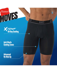 Hanes Moves Ultimate Men&rsquo;s Anti-Chafe Long Leg Boxer Brief Underwear, Total Support Pouch, X-Temp, Black/Grey/Blue, 4-Pack, 8&rdquo;