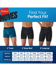 Hanes Moves Ultimate Men&rsquo;s Anti-Chafe Long Leg Boxer Brief Underwear, Total Support Pouch, X-Temp, Black/Grey/Blue, 4-Pack, 8&rdquo;