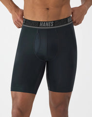 Hanes Moves Ultimate Men&rsquo;s Anti-Chafe Long Leg Boxer Brief Underwear, Total Support Pouch, X-Temp, Black/Grey/Blue, 4-Pack, 8&rdquo;
