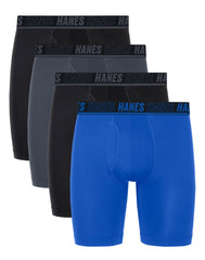 Hanes Moves Ultimate Men&rsquo;s Anti-Chafe Long Leg Boxer Brief Underwear, Total Support Pouch, X-Temp, Black/Grey/Blue, 4-Pack, 8&rdquo;