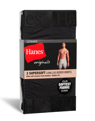 Hanes Originals Ultimate Men's SuperSoft Long Leg Boxer Brief Underwear, Black, 3-Pack