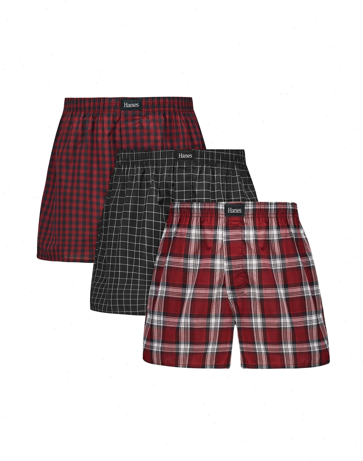 Hanes Originals Ultimate Men's Cotton Stretch Woven Boxer Underwear, Red/Black Plaids, 3-Pack