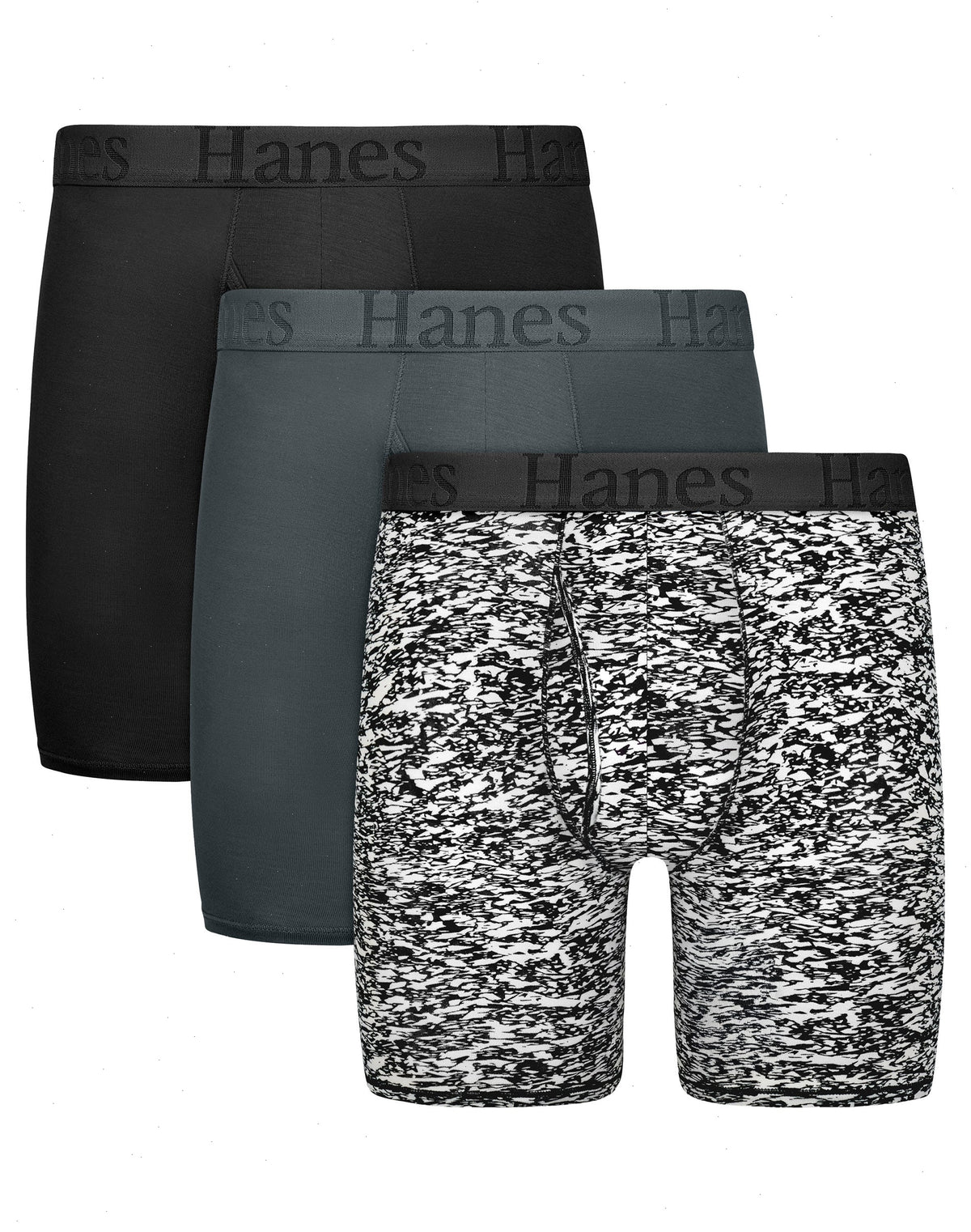 Hanes Originals Men's SuperSoft Boxer Brief Underwear, Viscose from Bamboo, Black/Grey/Print, 3-Pack